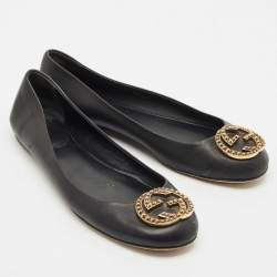 Gucci Black Leather Interlocking G Spike Ballet Flats Size 37.5