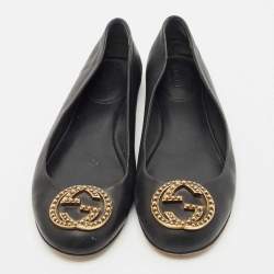 Gucci Black Leather Interlocking G Spike Ballet Flats Size 37.5