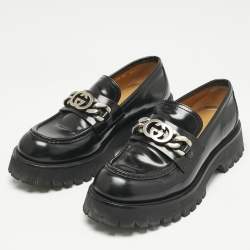 Pre Owned Gucci Black Leather Interlocking G Lug Sole Slip On Loafers Size 40
