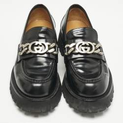 Pre Owned Gucci Black Leather Interlocking G Lug Sole Slip On Loafers Size 40