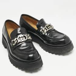 Pre Owned Gucci Black Leather Interlocking G Lug Sole Slip On Loafers Size 40