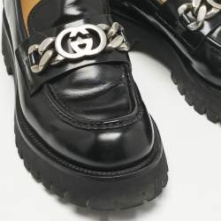 Pre Owned Gucci Black Leather Interlocking G Lug Sole Slip On Loafers Size 40