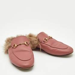 Gucci Pink/Brown Leather and Fur Princetown Flat Mules Size 38