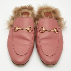 Gucci Pink/Brown Leather and Fur Princetown Flat Mules Size 38
