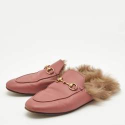 Gucci Pink/Brown Leather and Fur Princetown Flat Mules Size 38
