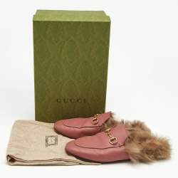 Gucci Pink/Brown Leather and Fur Princetown Flat Mules Size 38