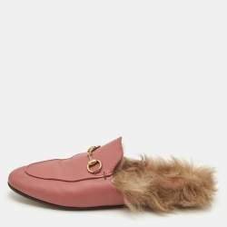 Gucci Pink/Brown Leather and Fur Princetown Flat Mules Size 38