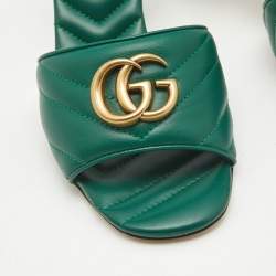 Gucci Green Matelassé Leather GG Marmont Slide Sandals Size 37.5