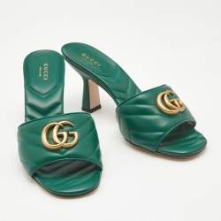 Gucci Green Matelassé Leather GG Marmont Slide Sandals Size 37.5