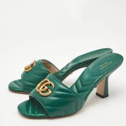 Gucci Green Matelassé Leather GG Marmont Slide Sandals Size 37.5