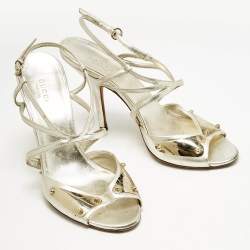 Gucci Metallic Gold Leather Embellished Ankle Strap Sandals Size 38