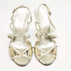 Gucci Metallic Gold Leather Embellished Ankle Strap Sandals Size 38