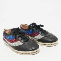 Gucci Black Leather and Glitter Falacer Low Top Sneakers Size 39