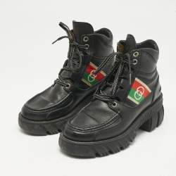 Gucci Black Leather Interlocking G Web Stripe Ankle Boots Size 39.5