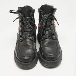 Gucci Black Leather Interlocking G Web Stripe Ankle Boots Size 39.5