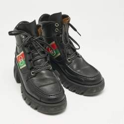 Gucci Black Leather Interlocking G Web Stripe Ankle Boots Size 39.5