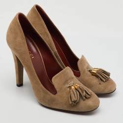 Gucci Beige Suede Mischa Tassel Moccasin Pumps Size 36