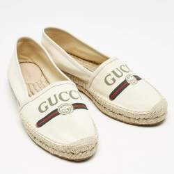 Gucci Canvas Canvas And Leather Trim Logo Print Espadrilles Size 39