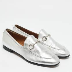 Gucci Silver Leather Jordaan Horsebit Slip On Loafers Size 39