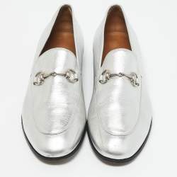Gucci Silver Leather Jordaan Horsebit Slip On Loafers Size 39