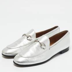Gucci Silver Leather Jordaan Horsebit Slip On Loafers Size 39