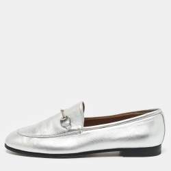 Gucci Silver Leather Jordaan Horsebit Slip On Loafers Size 39