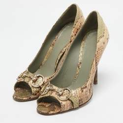 Gucci Beige/Green Python Horsebit Peep Toe Pumps Size 40