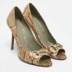 Gucci Beige/Green Python Horsebit Peep Toe Pumps Size 40