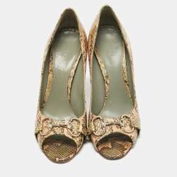 Gucci Beige/Green Python Horsebit Peep Toe Pumps Size 40