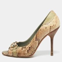 Gucci Beige/Green Python Horsebit Peep Toe Pumps Size 40