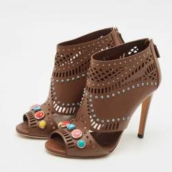 Gucci Brown Leather Lika Embellished Booties Size 38.5
