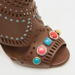 Gucci Brown Leather Lika Embellished Booties Size 38.5