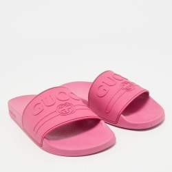 Gucci Pink Rubber Logo Embossed Pool Slides Size 40