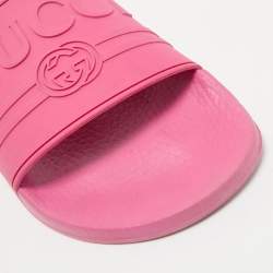 Gucci Pink Rubber Logo Embossed Pool Slides Size 40