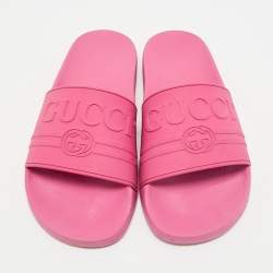 Gucci Pink Rubber Logo Embossed Pool Slides Size 40