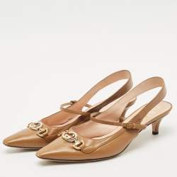 Gucci Brown Leather Interlocking G Horsebit Zumi Slingback Pumps Size 39