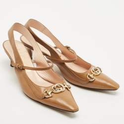 Gucci Brown Leather Interlocking G Horsebit Zumi Slingback Pumps Size 39