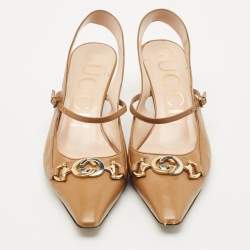 Gucci Brown Leather Interlocking G Horsebit Zumi Slingback Pumps Size 39