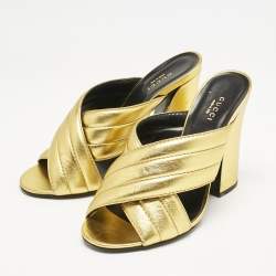 Gucci Gold Quilted Leather Crisscross Block Heel Slide Sandals Size 39.5