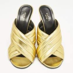 Gucci Gold Quilted Leather Crisscross Block Heel Slide Sandals Size 39.5