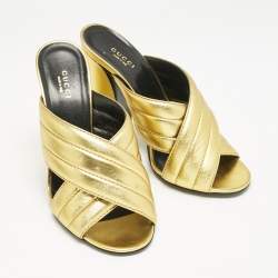 Gucci Gold Quilted Leather Crisscross Block Heel Slide Sandals Size 39.5