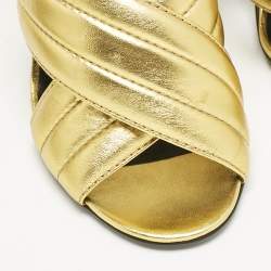 Gucci Gold Quilted Leather Crisscross Block Heel Slide Sandals Size 39.5