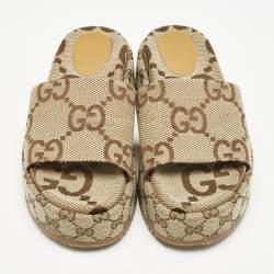 Pre Owned Gucci Beige Jumbo GG Canvas Platform Slides Size 37