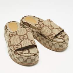 Pre Owned Gucci Beige Jumbo GG Canvas Platform Slides Size 37