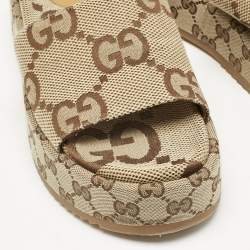 Pre Owned Gucci Beige Jumbo GG Canvas Platform Slides Size 37