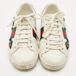 Gucci White Leather and Canvas Ace Low Top Sneakers Size 38