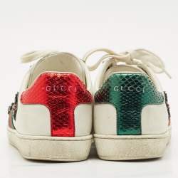 Gucci White Leather and Canvas Ace Low Top Sneakers Size 38