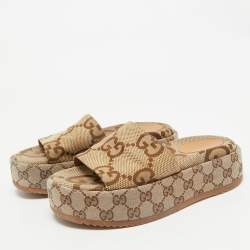 Gucci Beige Jumbo GG Canvas Platform Slides Size 36