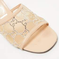 Gucci Beige Leather and Mesh GG Crystals Slide Sandals Size 39