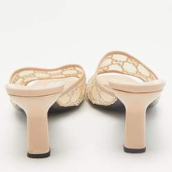 Gucci Beige Leather and Mesh GG Crystals Slide Sandals Size 39